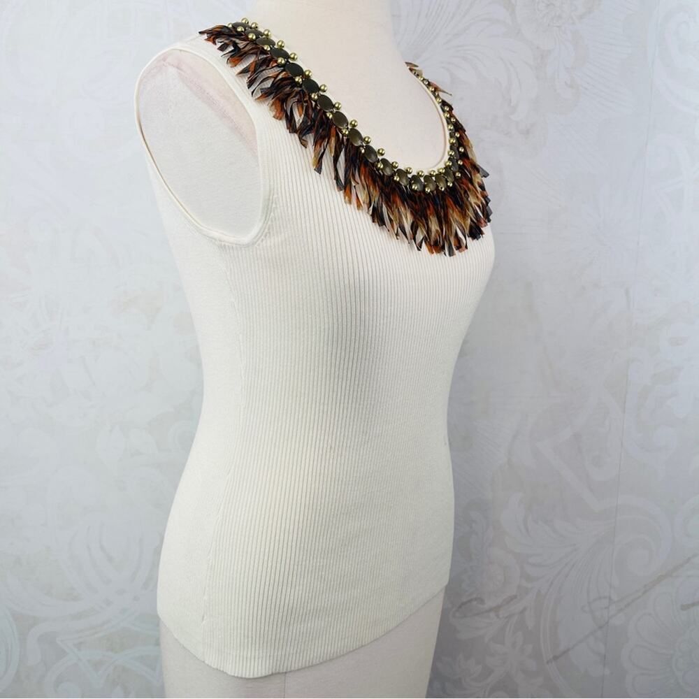Ruby Rd. Ribbed Cream Beaded Fringe Neckline Tank Size Small - Picture 5 of 10
